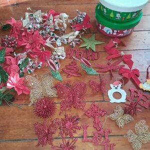 Festive Red & Gold Christmas Tree Ornaments Lot